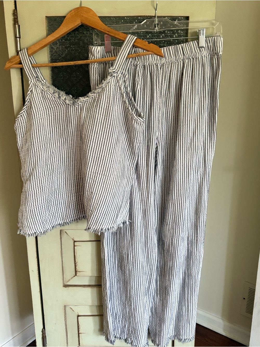 NIC+ZOE Pinstripe Gauze 2 Piece Set Tank Wide Leg Pants Indigo